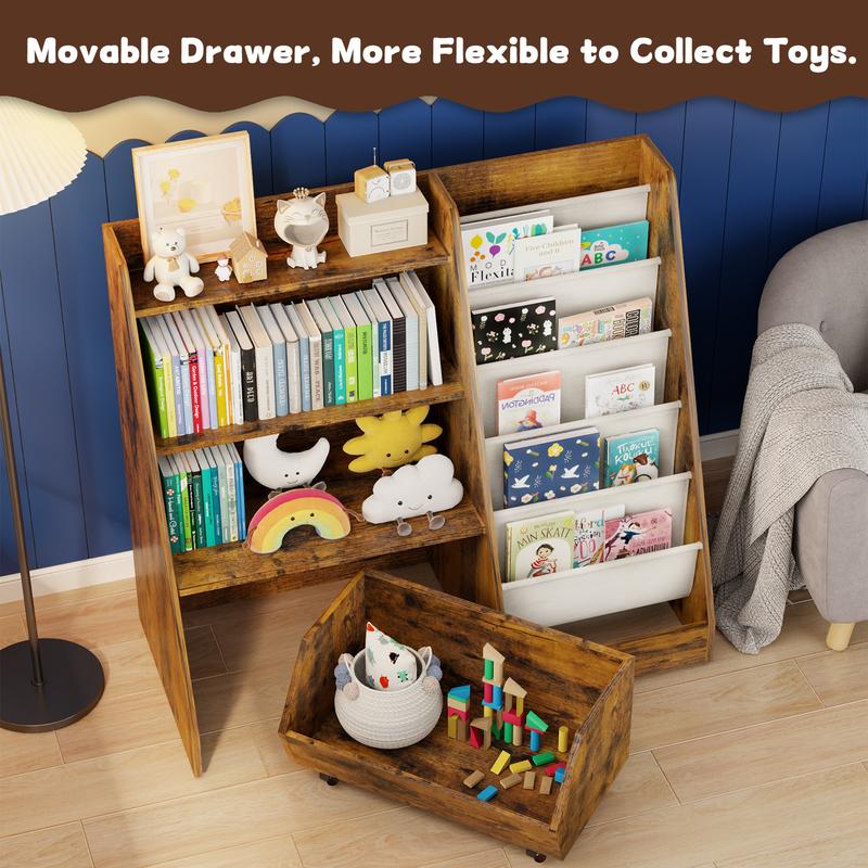 【LIVE】4-Tier Rolling Toy Storage Cabinet for Kids - 5 Layer Sling Toddler Furniture, Baby Furniture Book Rack, Organizing Nursery, Wooden Home Storage with Wheels