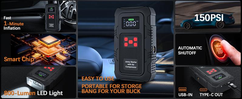 HPBS Portable Power Bank Car Jump Starter With Air Compressor 24000mAh 6000A 150PSI Fast Inflation 12V Battery Booster for 10.0L Gas 8.0L Diesel Engines