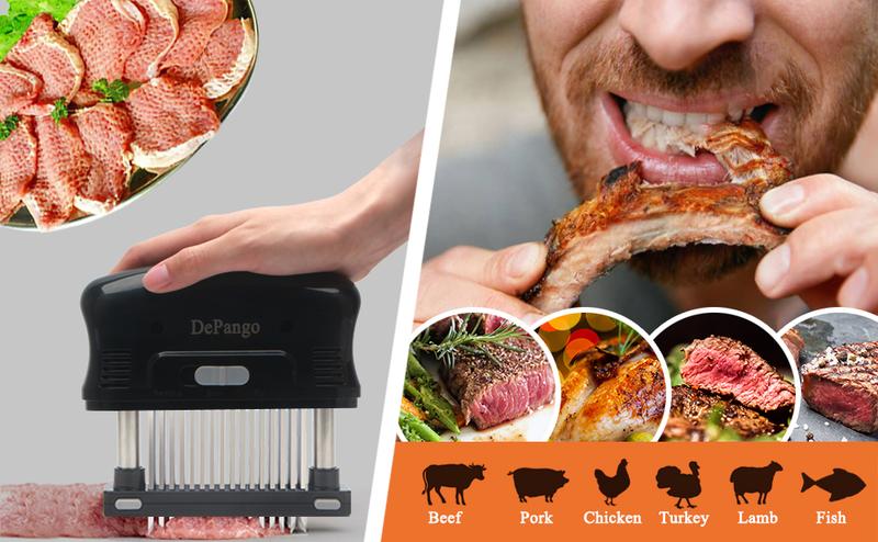 DePango Meat Tenderizer with 48 Stainless Steel Blades, Ergonomic Handle for Easy Pressing, Detachable Design for Thorough Cleaning, Ideal for Beef, Pork, Chicken