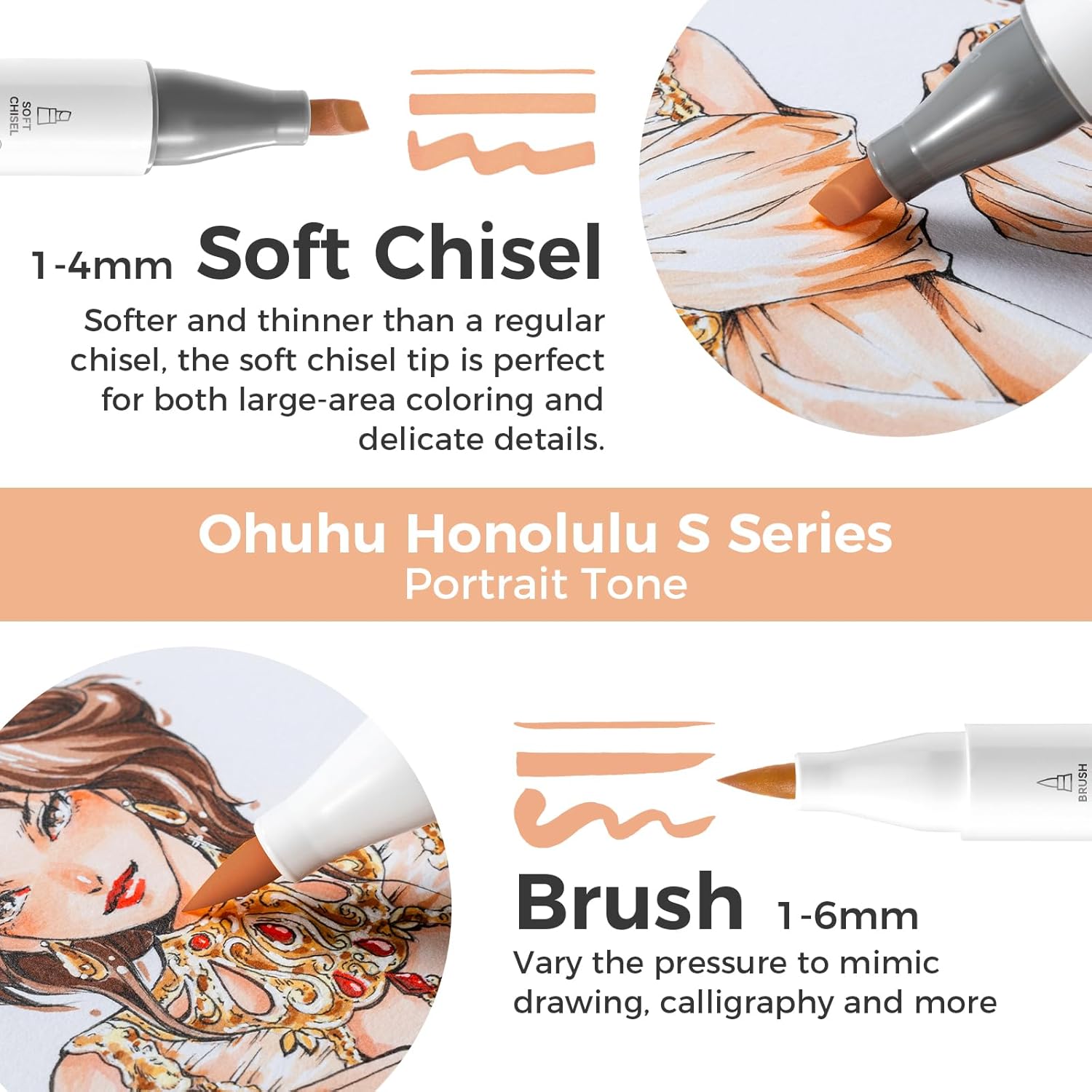 Ohuhu Soft Chisel Alcohol Markers Red Dot Design Award Winner Brush & Soft Chisel Dual Tips Drawing Markers for Artist Beginner Adult Coloring Illustration Sketching -Honolulu S - 24 skin-tone / 48 basic tone / 60 Illustration-color