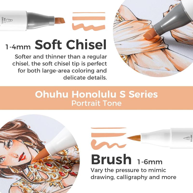Ohuhu Soft Chisel Alcohol Markers Red Dot Design Award Winner Brush & Soft Chisel Dual Tips Drawing Markers for Artist Beginner Adult Coloring Illustration Sketching -Honolulu S - 24 skin-tone / 48 basic tone / 60 Illustration-color