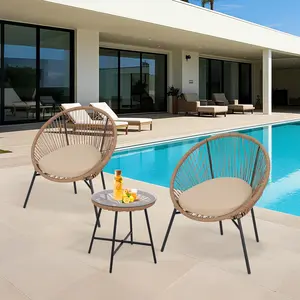 GARVEE 3 Piece Acapulco Chair Glass Top Side Table and 2 Chairs With Cushions PE Rattan All-Weather Patio Conversation Bistro Set for Patio Garden Brown