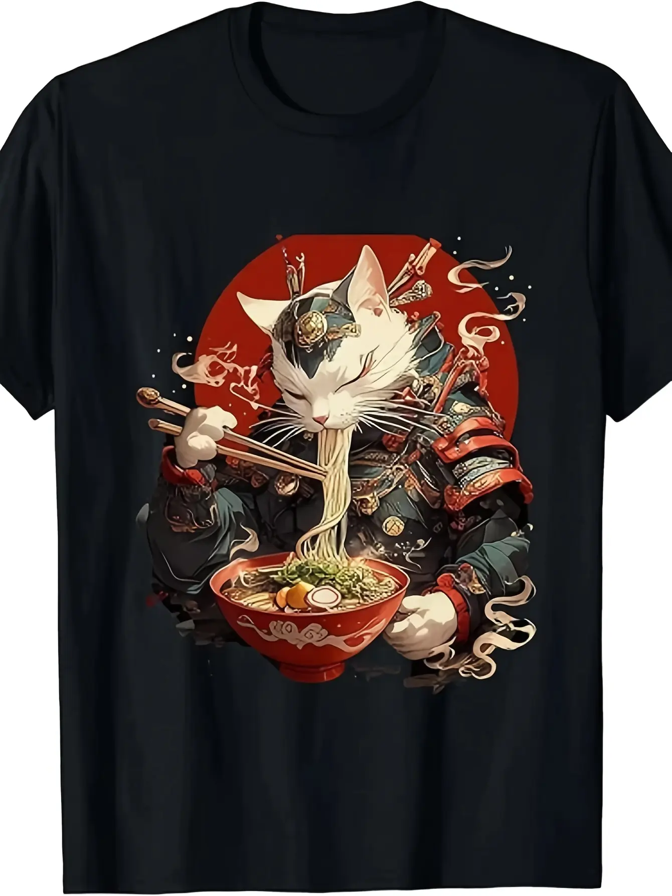 Japanese Ukiyo-e Anime Samurai Cat  Ninja T-Shirt unisex soft cotton short sleeve t shirt, vintage graphic casual tee for men women teens, perfect birthday holiday gift for camping travel gym daily street  wear