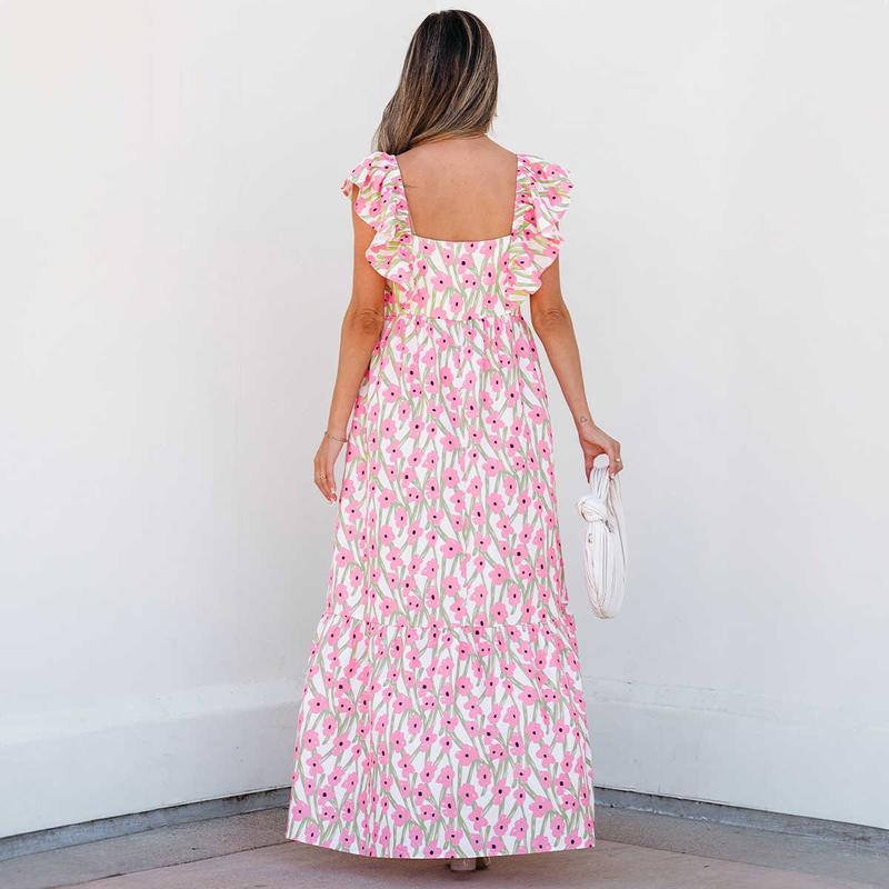 Pink Floral Print Square Neck Ruffled Strap Maxi Dress