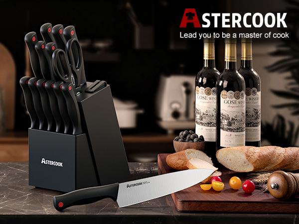 Astercook 14 piece kitchen knife set, dishwasher safe, high carbon stainless steel knives, kitchen utensils black knives butter knives Block Cutting