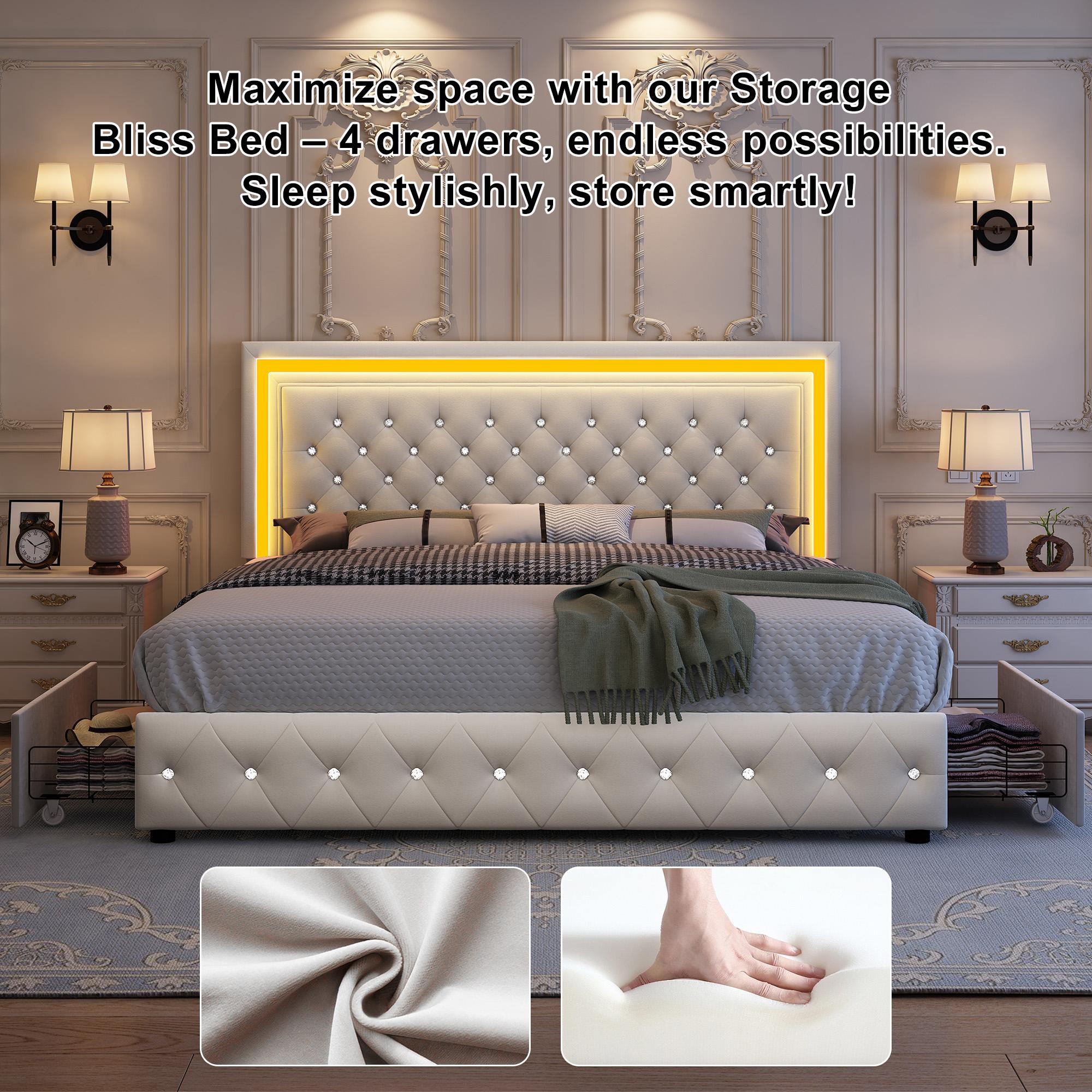 GEGOFORU LED Bed Frame King Size with Storage Drawers, Upholstered Modern Platform Bed, RGB Lights, No Box Spring Needed, Perfect Gift