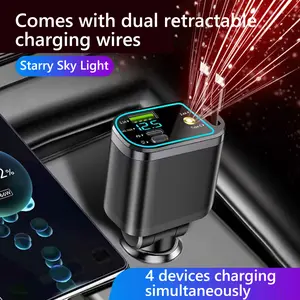 Trending 4 in 1 Retractable Car Charger Mobile Phone Charger with Starry Sky Light USB 3.1A Ports 2 Type C Retractable Charging Cables USB C Fast Charging 180° Adjustable Compact Plug and Play Compatible Samsung Android Perfect for Travel Rechargeable
