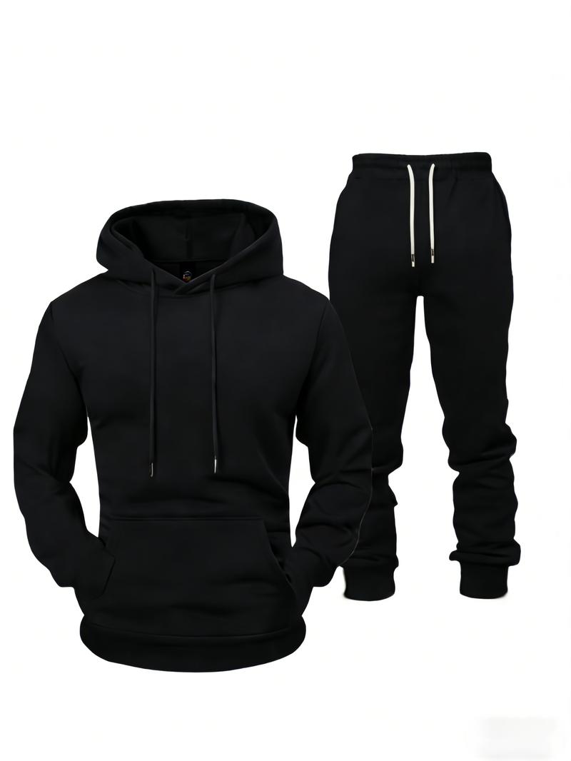 2026 Spring/Autumn New Men's Casual Sportswear Two-Piece Set - Solid Color Hooded Sweatshirt + Cuffed Sweatpants Set with Regular Fit Drawstring Design, Suitable for Daily Street Wear and Home Leisure Activities