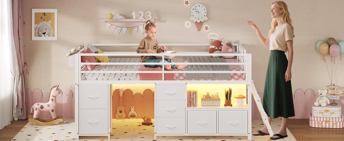 Sikaic Low Loft Bed Twin Size with 7 Storage Drawers, Bookcase and LED Lights, Metal Kids Loft Bed with 14" H Safety Guardrail, Inclined Ladder and Play Curtain, Under-Bed Play Space