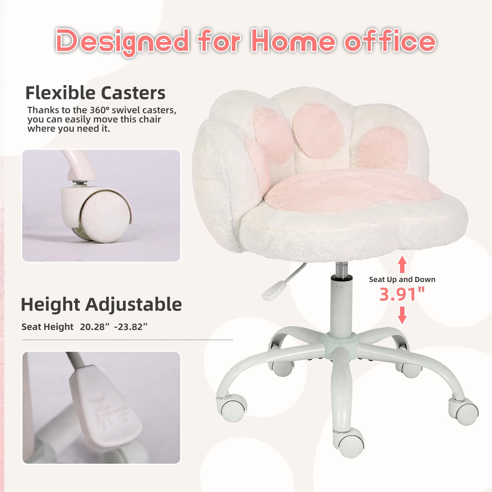 Vanity Chair with Wheels,Cute Cat Paw Office Chair with Back,360°Rotating Height Adjustable Armless Chair in Vibrant Color-Blocking,Small Desk Chair,Plush Cushion for Bedroom,Make-Up Room Home Office