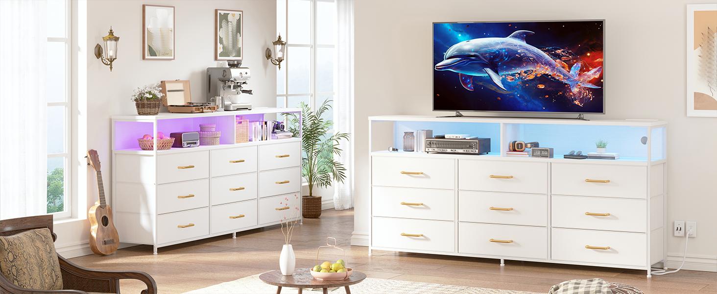 [SpringGlowUp] Raybee Furniture 55 Inch Wide Dresser for Bedroom, with Power Outlet and LED Lights, Modern Fabric Storage Orgaizer Unit, 65 Inch TV Stand for Bedroom with 7-12 Fabric Drawers, Sturdy Dressers for Bedroom, Living Room