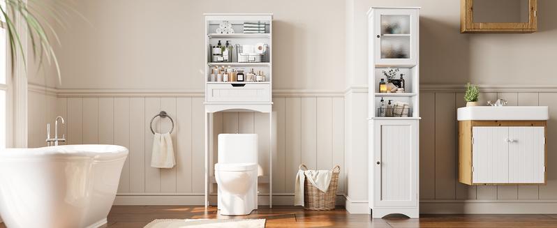 Gizoon 67.1" Tall Bathroom Storage Cabinet with Adjustable Shelves Narrow Tall Linen Tower with Open Shelves Two-Way Doors Freestanding Cabinet with Anti-Tip for Home Kitchen Living Room