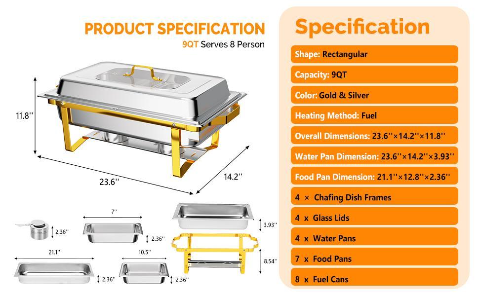 ROVSUN Chafing Dishes for Buffet 4 Pack, 9QT Chafing Dish with Multiple Food Pans Combo,Stainless Steel Buffet Servers and Warmers with Glass Lid & Folding Frame for Parties Weddings, Gold & Silver SpringStatements