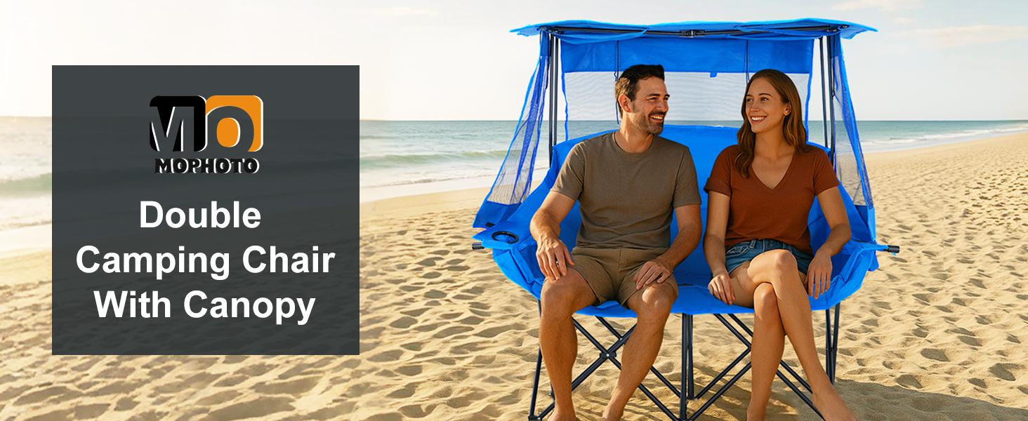 MOPHOTO XXL Double Camping Chair with Shade Canopy, Fully Padded Folding Camping Loveseat , Oversized Camping Bench Lawn Chairs Patio Lounge Chairs for Adults