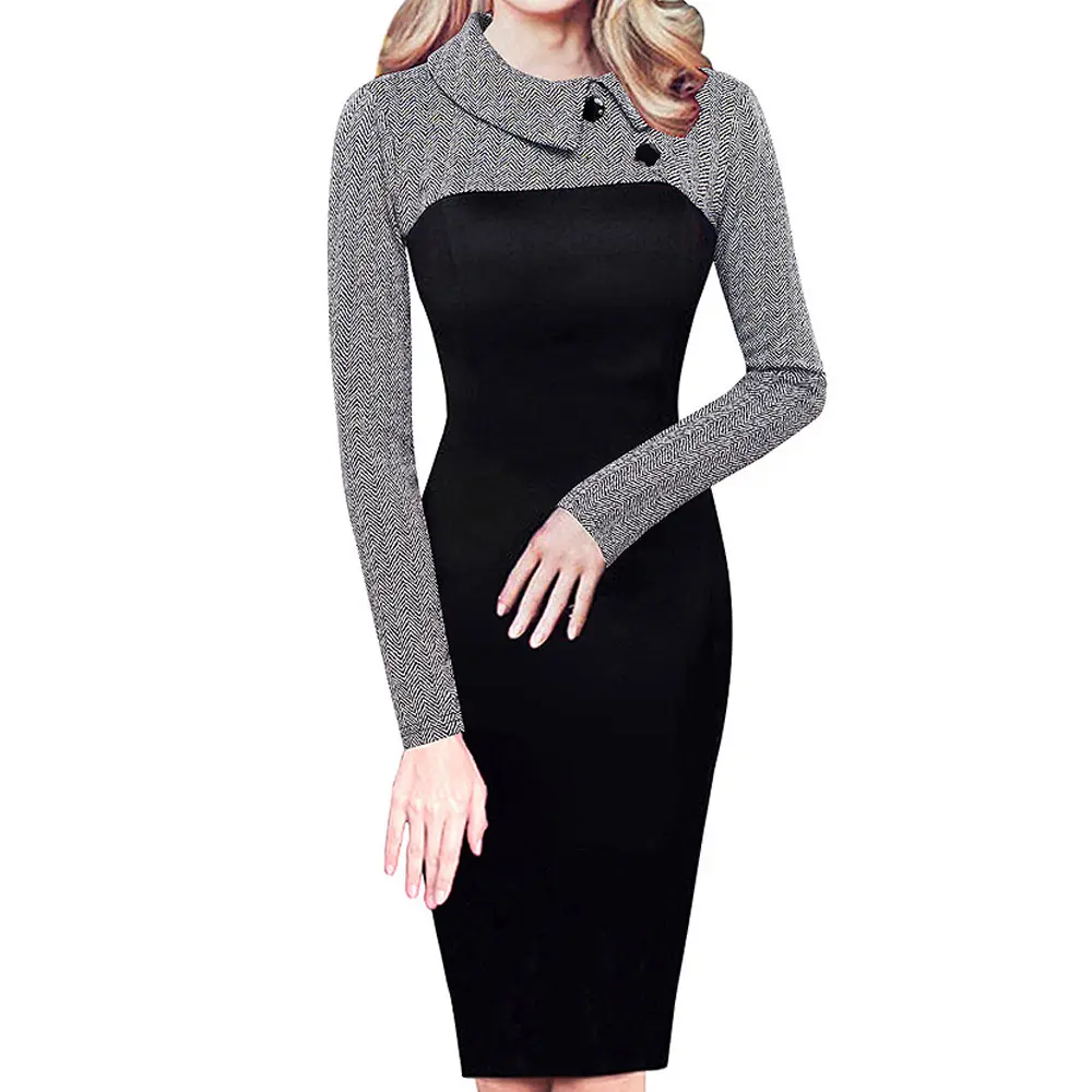 HOMEYEE Women's Retro Chic Colorblock Lapel Career Tunic Dress