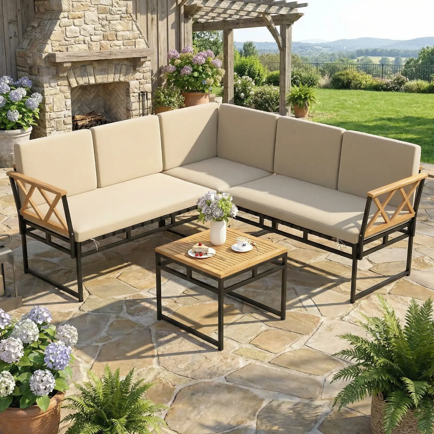 Spaco 4-Piece Brown L-Shaped Patio Sofa Set with Cushions and Side Table, Outdoor Sectional Conversation Set for Patio, Porch, Outdoor Spaces, Outdoor Furniture Set, Patio Furniture Set