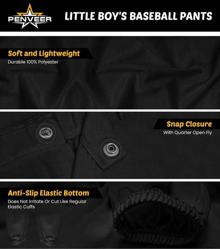 Penveer Pull-Up Youth Baseball Pants, Quarter Open Fly Boys Baseball Pants with Durable Snap & Elastic Bottom, T Ball Pants (Black) Athletic Outfits Sporty Style Clothes