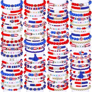19/29pcs Mix Red White Blue Clay Beaded Stackable Stretch Bracelets | USA Patriotic Jewelry for Independence Day, 4th of July Additions, Surfer Heishi Clay Bead Bracelets for Teenager, Bohemian Style, For Teenager