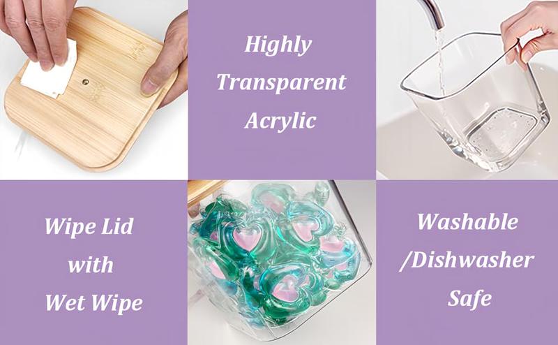 Laundry Pods Storage Container with Wooden Lids & Labels for Detergent Powder, Scent Booster for Laundry Room Organization, Clear, 3+1 Pack,Valentine's Day Gifts for Girlfriend Women