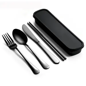 Travel Utensils with Case, Quatish 5 Piece Stainless Steel Silverware Set for Work, Portable Reusable Travel Cutlery Set, Fork and Spoon Set for Picnic, Camping, Gadgets, Lunch Box for Men, Black
