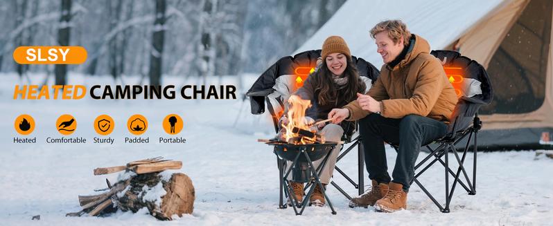 SLSY Heated Armrest Camping Chair, Portable Heated Folding Recliner Chair with 3 Heat Levels, Patio Lawn Lounge Chair Supports 400 lbs【Batteries not included】