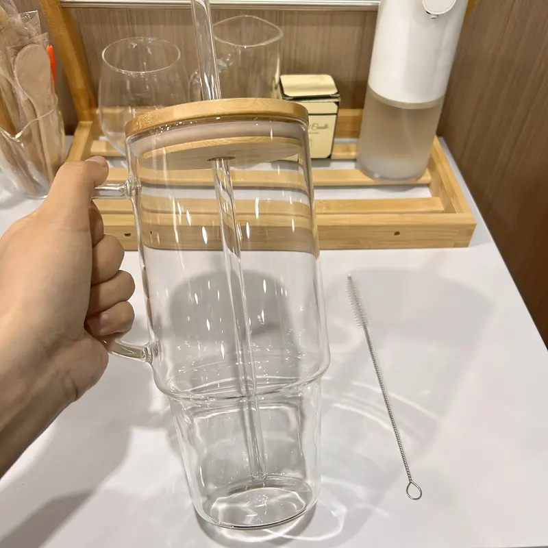 Product Introduction of Halloween Giftting -40 oz Glass Tumbler with Handle, Glass Cups with Lids and Straws, Bamboo Wide Mouth Fits in Car Holder Reusable Iced Coffee Cup Bottle Drinkware, Gifts Back to School, Dorm, Study, Work & Home Essential Glassware, Study Buddy Glass Mug 10