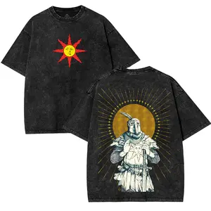 "PRAISE THE SUN" DARK SOULS Men's Washed Short Sleeved Top, Unisex Tee, Gamer Gift, Menswear Game graphic tee Oversized Seamless Tropical vintage Casual Cotton Shirt Hoodie Print Straight