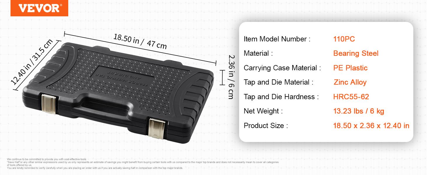 VEVOR Tap and Die Set, Various specifications, 110-Piece Include Metric Size M2 to M18, Bearing Steel Taps and Dies, Essential Threading Tool for Cutting External Internal Threads, with Complete Accessories and Storage Case