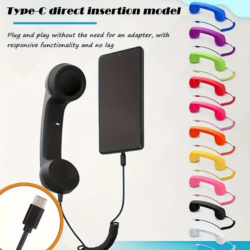 New TYPE-C Straight Plug Phone Retro Mute, C-Style No Conversion Needed, External Call Handset with Simple Ergonomic Design in Colorful Various Dreamy Colors Portable Mini audio Black Headset