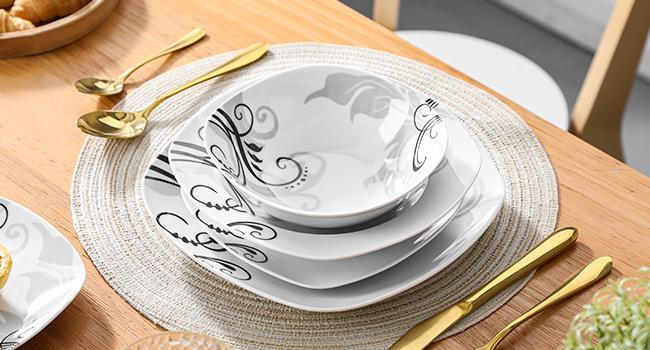 VEWEET Zoey 18/24-Piece Dinner Set Ivory White Black Decals Porcelain Combination Sets, Stackable Porcelain Plate Sets Service for 6 Winter Holiday