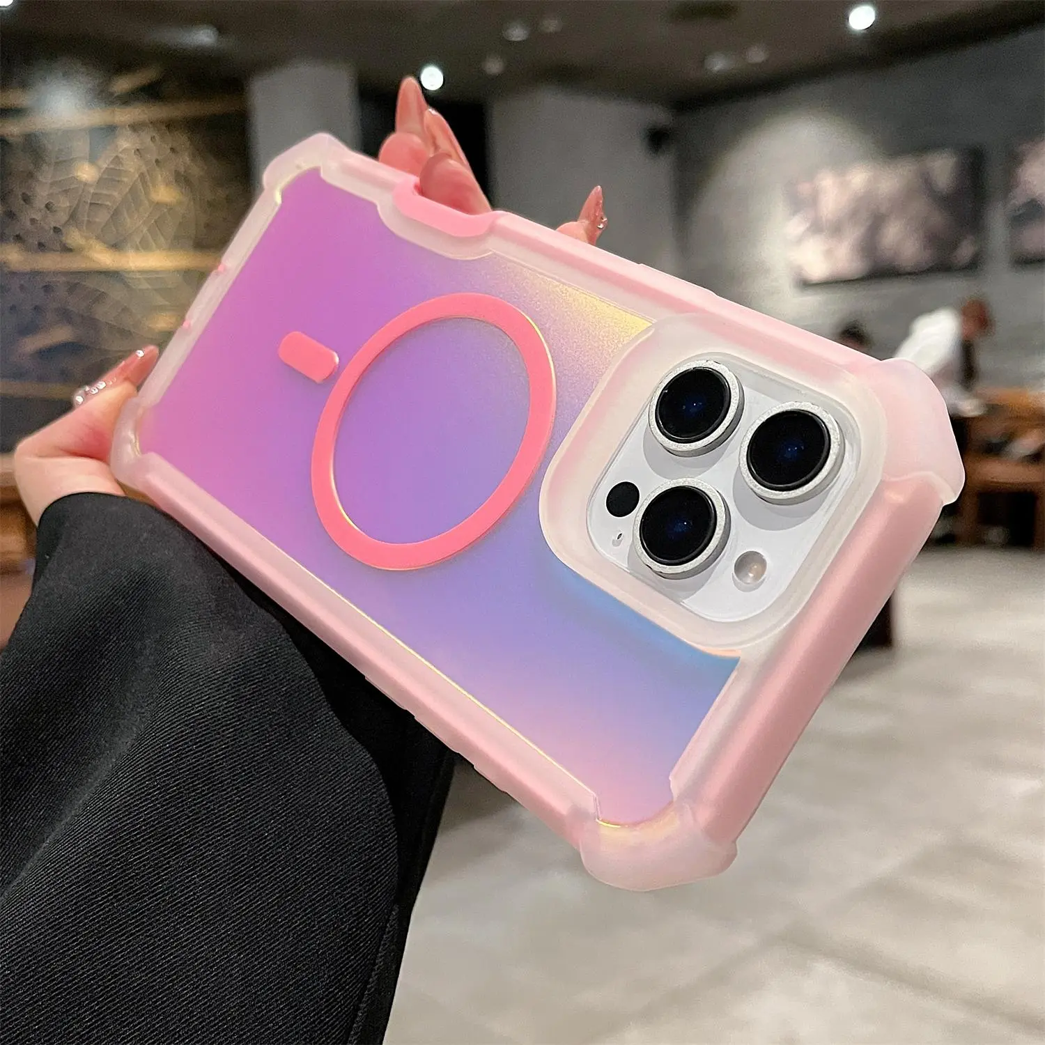 MagSafe-Compatible Shockproof Color-Changing Shiny Magnetic Phone Case - Anti-Drop Shell Casing with Wireless Charging Support, Transparent Protection for iPhone 13 14 15 16 17 Pro Max, Handheld Device Accessory, Mother's Day Gift, Accessories