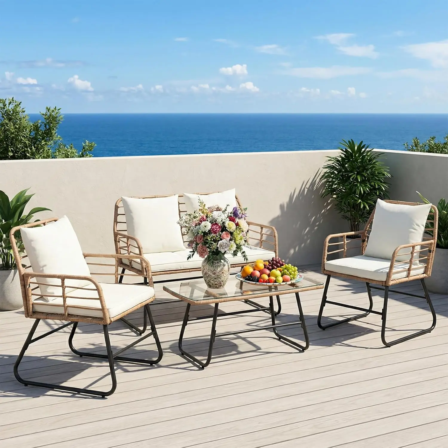 Outdoor 4 Piece Patio Furniture Set, Wicker Patio Set with Thick Sandwich Structure Cushions, Deep Seating All-Weather Rattan Sofa and Functional Glass Table for Porch, Lawn