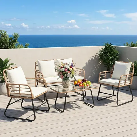 Sweetcrispy Modern Wicker 4-Piece Outdoor Furniture Set - PE Rattan 700-lb Loveseat, Thick Sandwich-Structure Zipper-Easy Clean Cushions, Ergonomic Deep Sit, 65-lb Glass Table, Clean Lines for Porch, Patio Furniture Sets