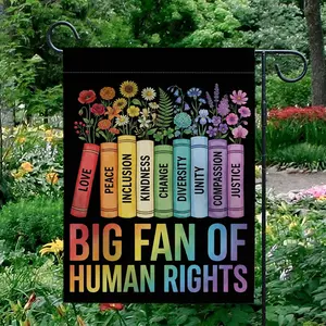 Human Rights Books Garden Flag, Floral Social Justice Yard Decor, Rainbow Diversity Sign, Rainbow Pride Flag, Progressive Decor