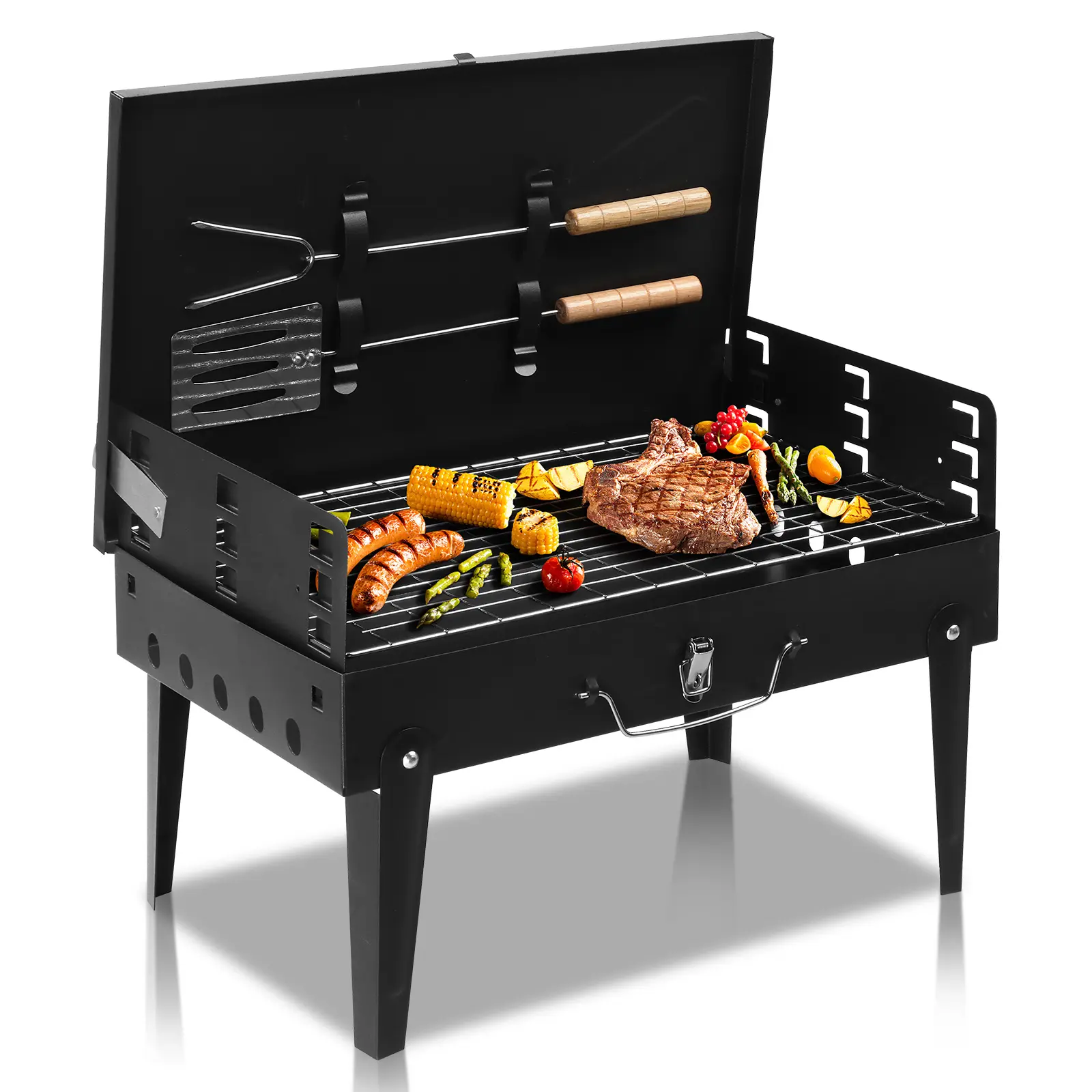 44*27*7cm Portable Square Charcoal Grill Black outdoorfun Stainless Steel Barbecue