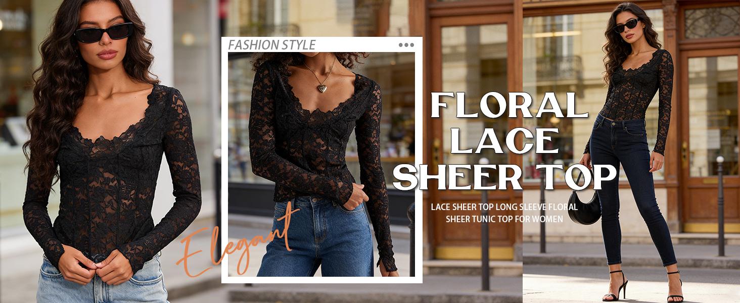 Product detail overview of Women's Floral Lace Long-Sleeve Blouse