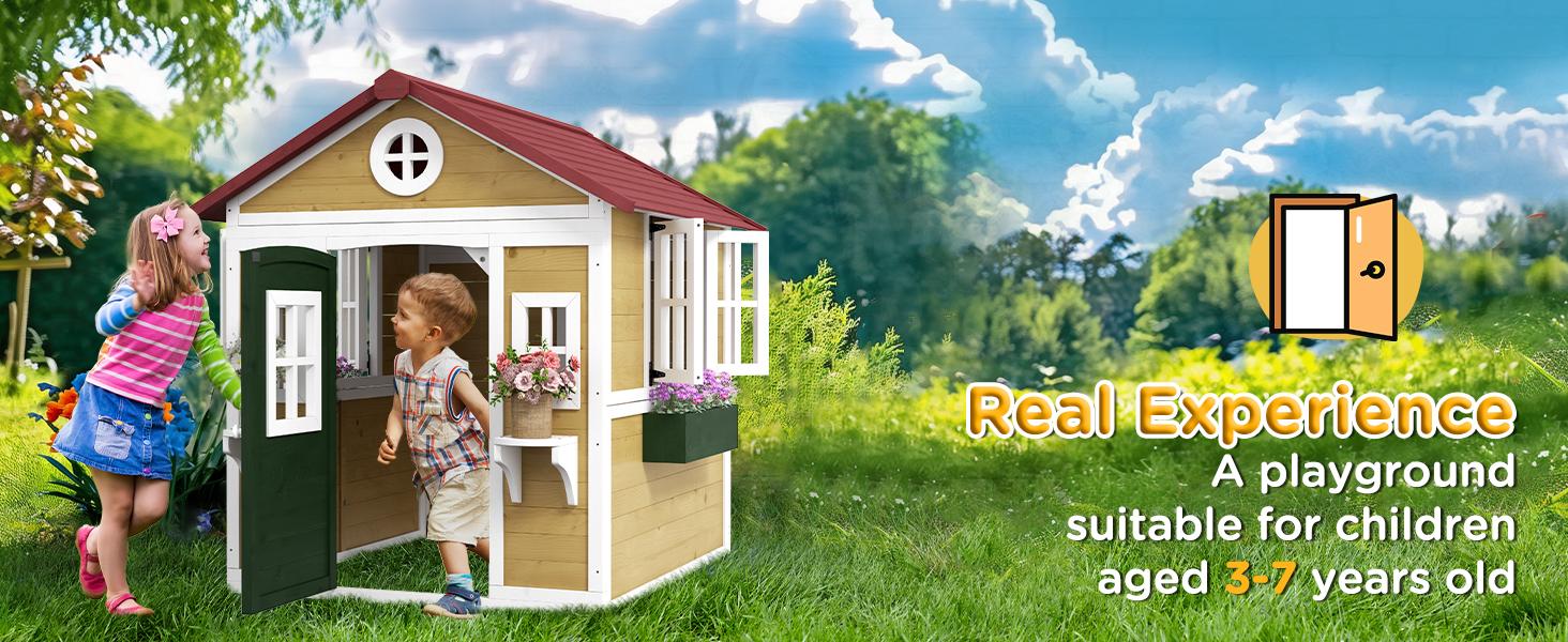 Outsunny Playhouse for Kids Outdoor, Country Style Wooden Playhouse with Flower Pot Holders, Working Door, Windows, Service Stations for 3-7 Years