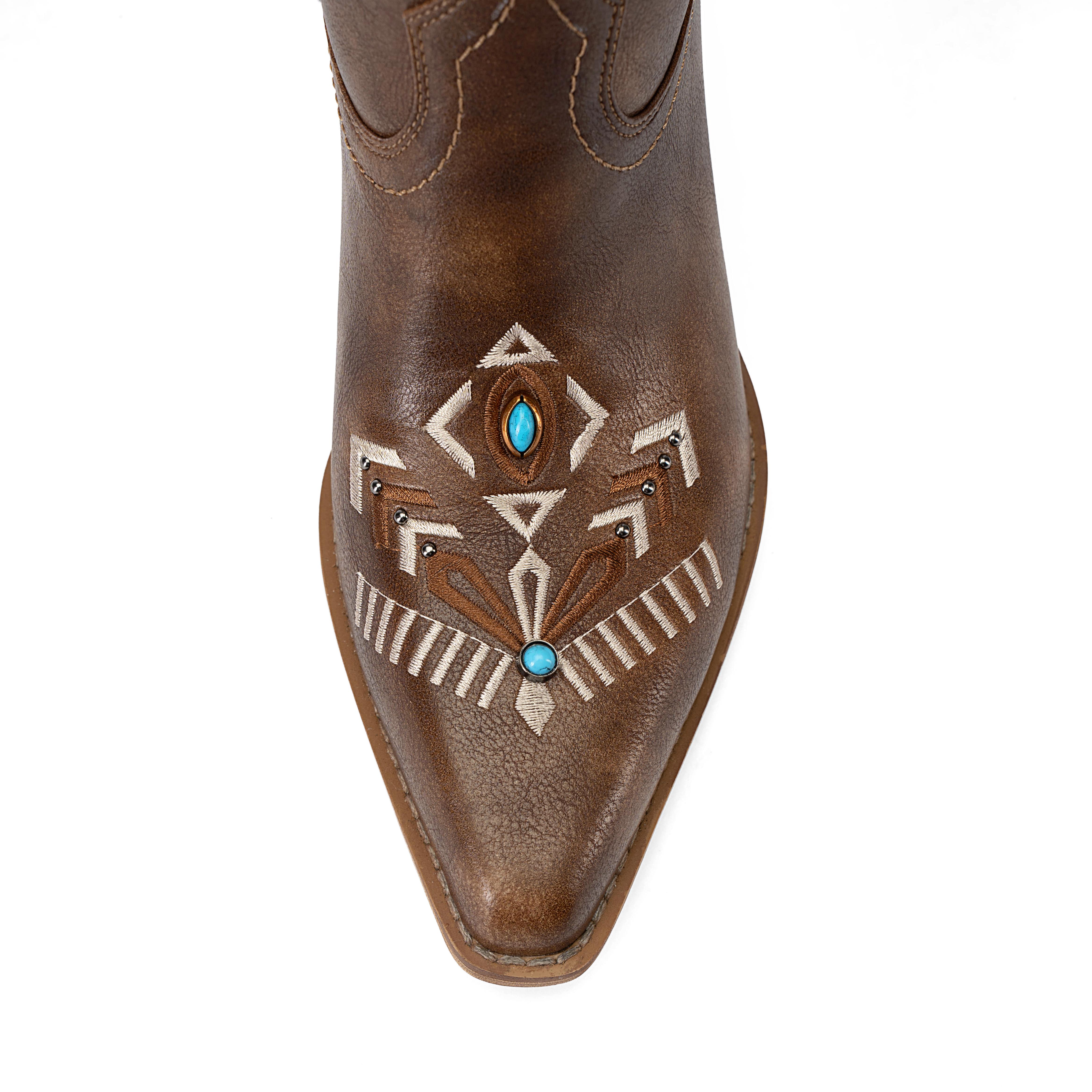 ReneChristine Women's Embroidery Western Cowboy Boots with Studs & Emerald Gemstones, Knee High Wide Calf Cowgirl Boots for Gatherings Weekend Hangouts Black Leather fur boots knee high boots boots for fall thigh high boots brown boots cowgirl boots Sprin