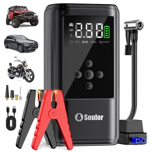 Soulor  12V Jump Starter with Air Compressor  Portable Car Battery Jump Starter with 160PSI Tire Inflator, Air Compressor, LED Light, Large Portable Power Bank for Phone Charging, for Motorcycle, Car, SUV and  Diesel Engines