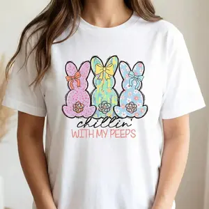 Casual Cotton Round Neck Short Sleeve T Shirt with Easter Bunny Design and Chill With My Peeps Graphic Unisex Summer Wear Machine Washable Not Dry Cleaned Made in USA