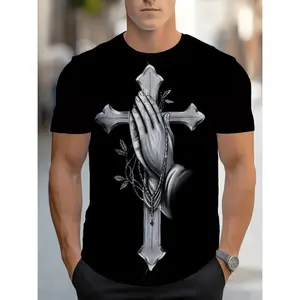 Soft &Comfortable mens sports crew neck t shirt with cross and prayer hand pattern 95   spandex micro stretch fabric short sleeves black suitable for sports and fitness gym shirt   black -1