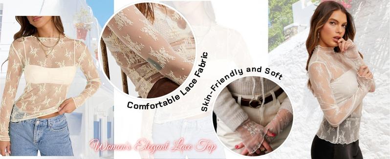 Molitree Lace Tops for Women Mesh Top Long Sleeve Floral Shirts Slim Fitted Outfits See Through Blouses Top