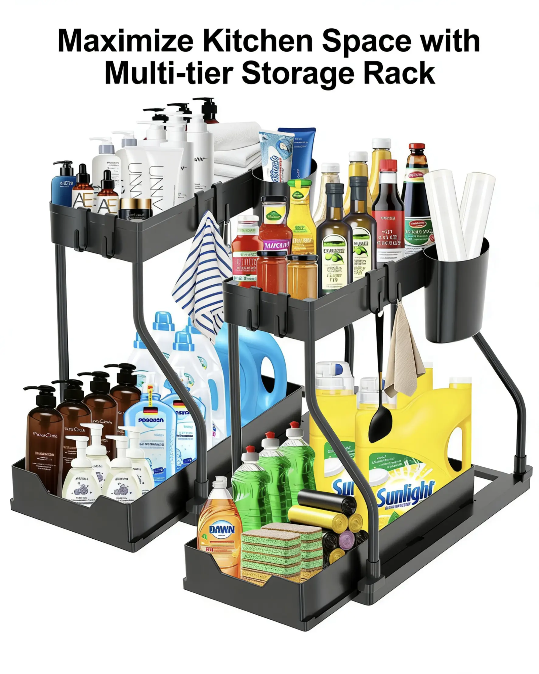 Under Sink 2-Tier Sliding Organizer with Frame, Pull-Out Storage Basket, Space-Saving for Kitchen, Bathroom & Laundry, Space Optimization, Cabinet Organizer, Multi-Functional, Easy Assembly, Heavy-Duty