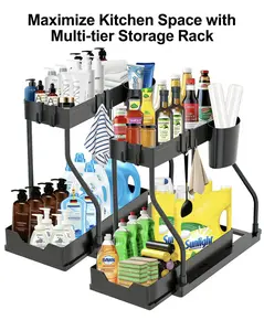 Under Sink 2-Tier Sliding Organizer with Frame, Pull-Out Storage Basket, Space-Saving for Kitchen, Bathroom & Laundry.storage & organization