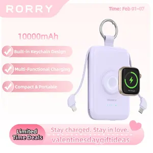 RORRY Portable Charger 10000mAh PD 20W Fast Charging Multifunctional Power Bank with Built-in Cables for Apple Watch & iPhone Compact Keychain Design Gift Idea Valentinesdaygift