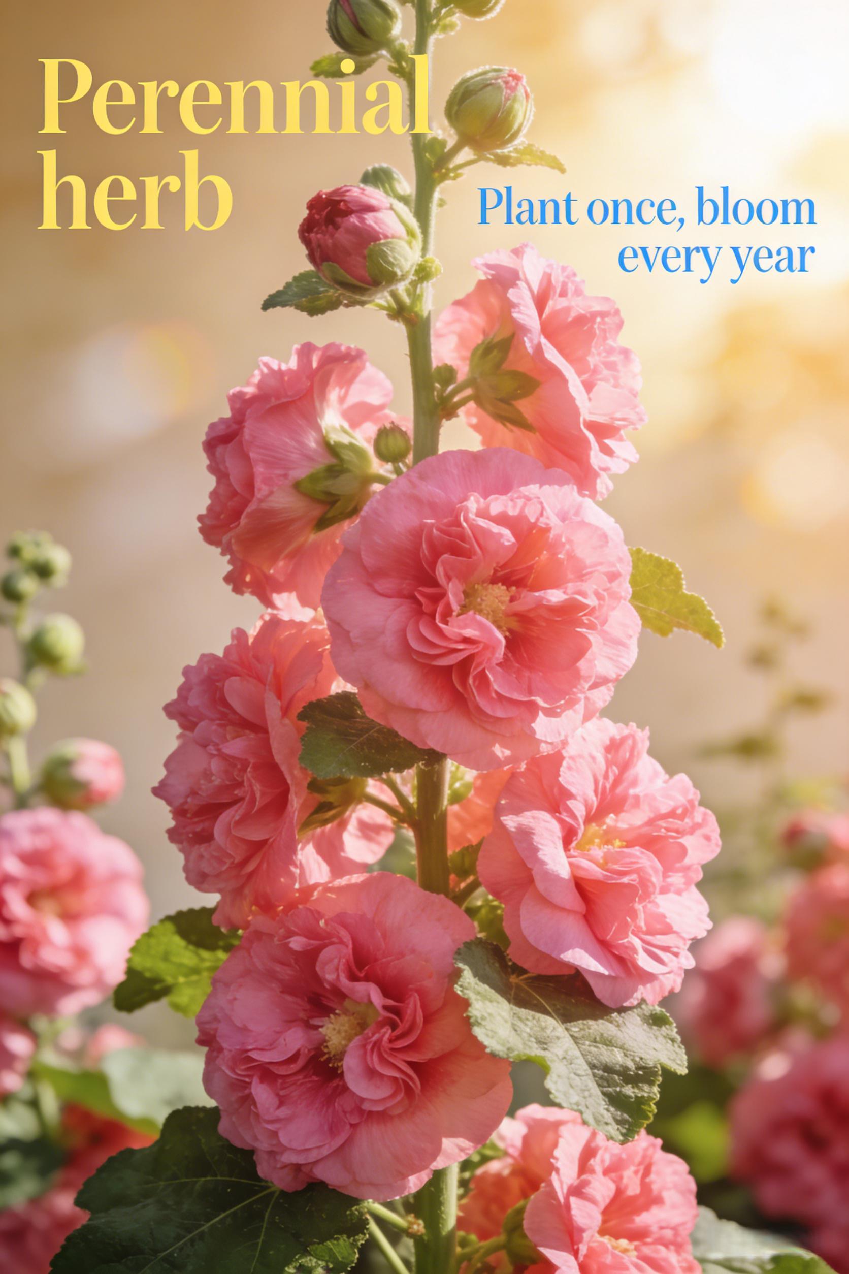 200PCS Double Hollyhock Seeds ‘Radiant Rose’ – Mixed Color Heirloom Flower Seeds, Hardy Biennial Tall Garden Flowers for Planting
