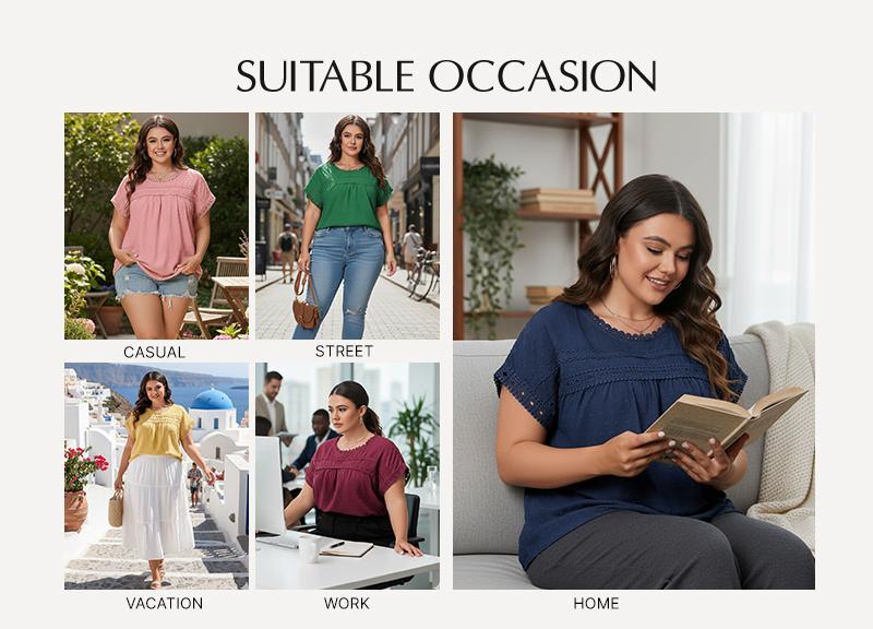 Eytino Women Plus Size Tops Crewneck Short Sleeve Lace Crochet Loose Casual Summer Blouses Shirts(1X-5X)