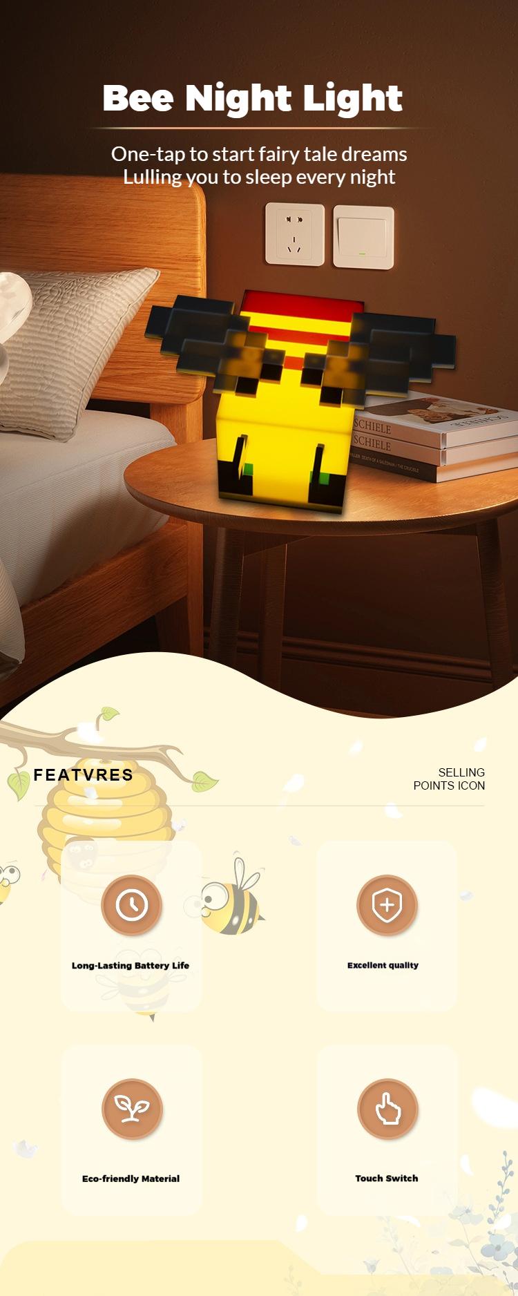 Bee Design Night Light USB Rechargeable Creative Blocks Decorative Light Novelty for Home Bedroom Gaming Room Gift for Boys Girls Unique Bee Design Nightlight