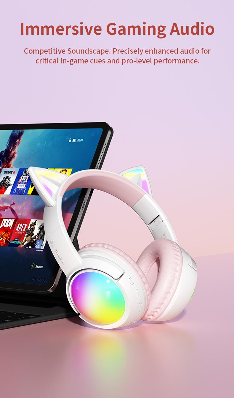 Wireless Bluetooth cat ear headphones with LED lights, foldable, over-ear design, built-in microphone, long battery life, suitable for mobile phones, tablets, iPads, and laptops. A cute gift for children, teenagers, and adults.