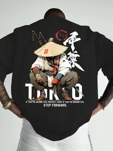 Men's Anime Print Short Sleeve T-Shirt Lonely Samurai Design Crewneck Hand Drawn Text Menswear Top Streetwear Black